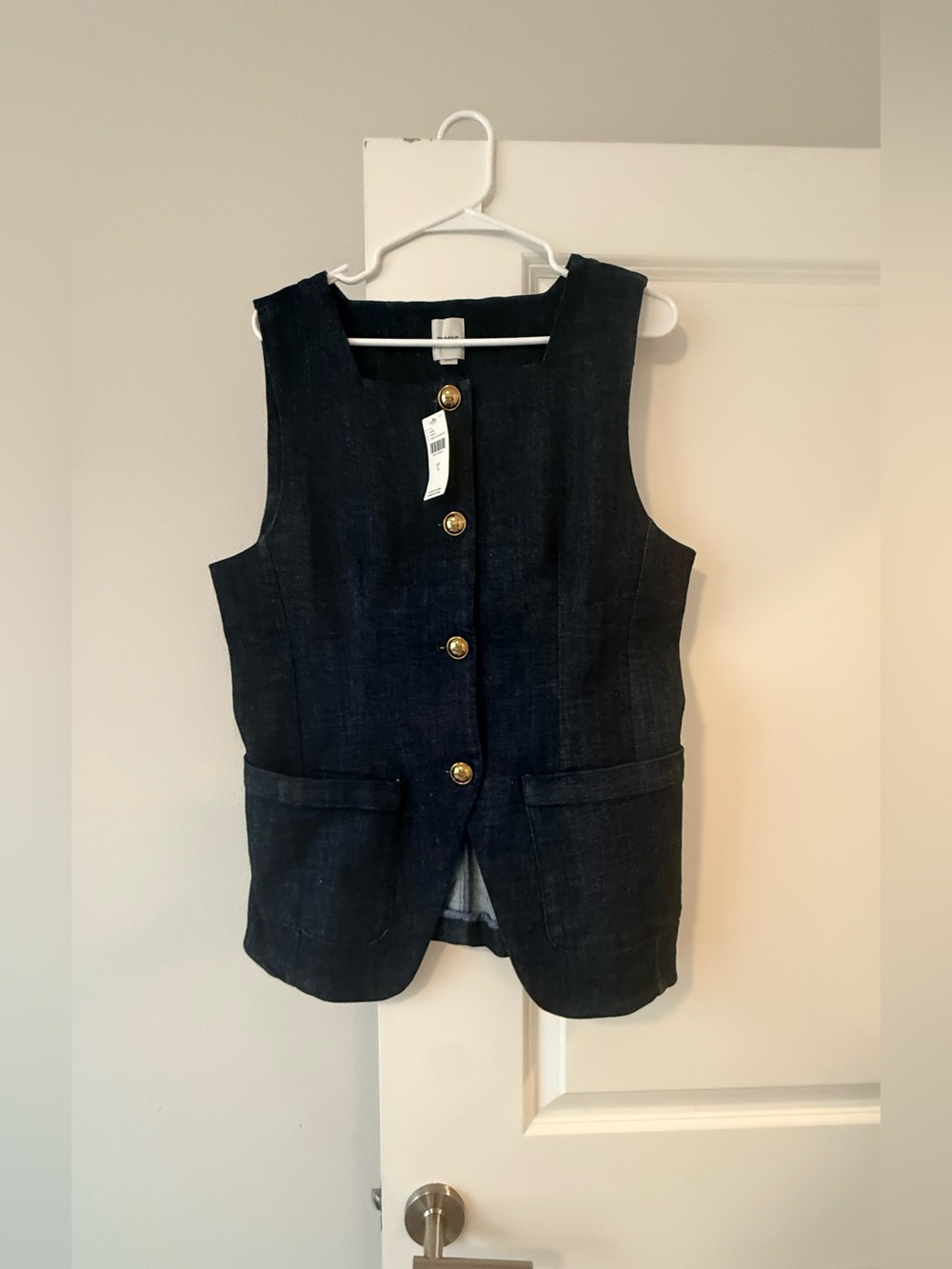 Maeve Navy Denim-Style Sleeveless Vest with Gold-Tone Button Detail - Picture 9 of 11